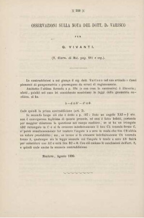 Osservazioni sulla Nota del Dott. D. Varisco.