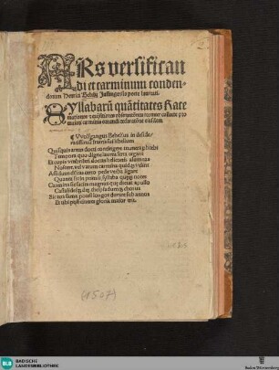 Ars versificandi et carminum condendorum Henrici Bebelii : Syllabarum quantitates Racemationes et exquisitores observatione recentercollecte pro maiori carminis ornandi declaratione eiusdem