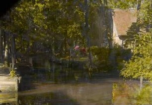 Partie im Spreewald mit Wohnhäusern an einem Fließ : Partie im Spreewald mit Wohnhäusern an Baumbestand. Blick über ein Fließ mit Spreewaldkahn