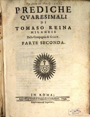 Prediche Qvaresimali Di Tomaso Reina Milanese Della Compagnia di Giesv, 2