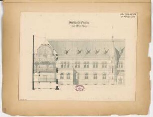 Landratsamt (Kreishaus), Prenzlau Monatskonkurrenz Mai 1883: Aufriss Hofansicht mit Querschnitt; Maßstabsleiste