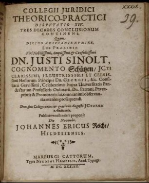 Collegii Iuridici Theorico-Practici Disputatio XIV. Tres Decades Conclusionum Continens
