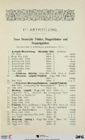 Ite Abtheilung: Neue Deutsche Thaler, Doppelthaler und Doppelgulden (Nr. 1-911)