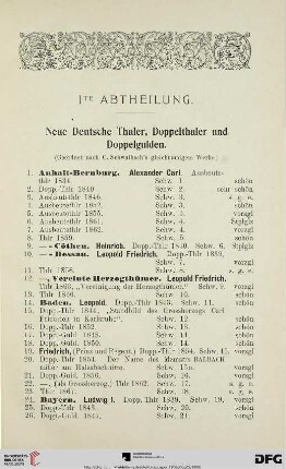 Ite Abtheilung: Neue Deutsche Thaler, Doppelthaler und Doppelgulden (Nr. 1-911)