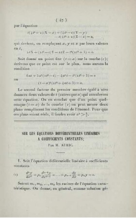 Sur les équations différentielles linéaires a coefficients constants.