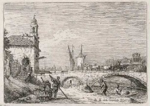 Italienische Idealveduten, III: Paduaner Capriccio mit einem Torgebäude in der Art von Porta Portello mit einer Brücke