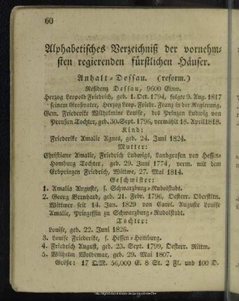 Alphabetisches Verzeichniß der vornehmsten regierenden fürstlichen Häuser