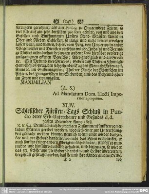 XLIV. Schlesischer Fürsten-Tags Schluß in Puncto derer Erb-Unterthaner und Gesindes d.d. 30sten December Anno 1658