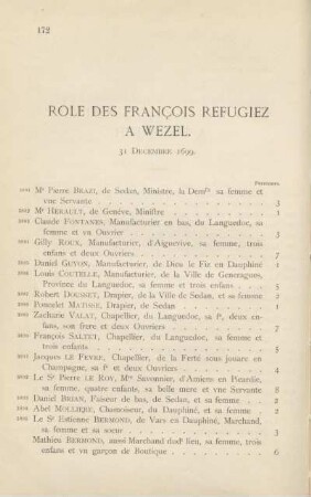 Role des françois refugiez à Wezel. 31 décembre 1699