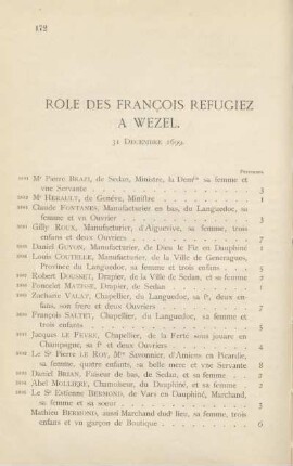 Role des françois refugiez à Wezel. 31 décembre 1699