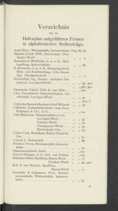 Verzeichnis der im Hafenplan aufgeführten Firmen in alphabetischer Reihenfolge
