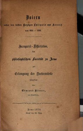 Baiern unter den beiden Herzögen Luitpold und Arnulf von 895 - 936