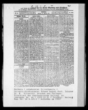 Titelblatt der Oberhessischen Zeitung, 44. Jahrgang, Nr. 44