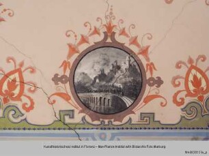 Tondi mit Landschaftsdarstellungen : Eisenbahnbrücke vor Landschaft mit Burg
