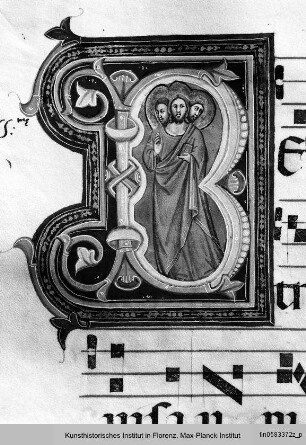Initiale B mit einer Darstellung der Trinität - Antiphonarium proprium de tempore et Commune Sanctorum