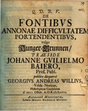 De Fontibvs Annonae Difficvltatem Portendentibvs, vulgo Hunger-Brunnen