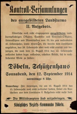 Kontroll-Versammlungen des ausgebildeten Landsturms II. Aufgebots.