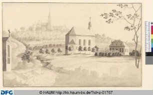 Ansicht von Siegburg mit einer Kapelle im Vordergrund