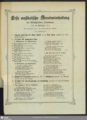 Erste musikalische Abendunterhaltung im Königlichen Seminare zu Zschopau Sonntag den 15. Februar 1880