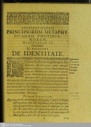 Disputatio IV. Continens II. Principia De Identitate; Respondente Marco Fuchsio Corona-Transylvano