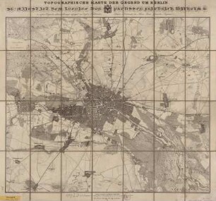 Topographische Karte von Berlin und Umgebung, 1:25 000, Kupferst., 1829 : Topographische Karte der Gegend um Berlin / aufgenommen und gezeichnet von Vogel v. Falckenstein. Die Situation gestochen von I. C. Richter, die Berge von H. Brose, die Schrift von W. Jäck. - 1:25 000. - Berlin : Simon Schropp et Comp. , 1829. - 1 Kt. : Kupferst. ; 68 x 60 cm