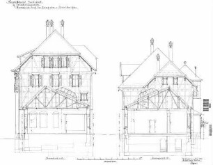 Freudenstadt Hbf: Querschnitt Zwischenbau L-M, N-O; Giebelansichten Empfangsgeb.