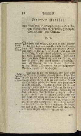 Dritter Artikel. Von Pallisaden, Sturmpfählen, spanischen Reutern [...].