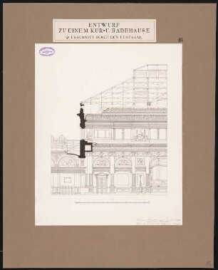 Kur- und Badehaus Schinkelwettbewerb 1878: Kurhaus: Teilquerschnitt 1:75