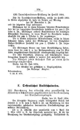 Anrechnung der vikarisch oder provisorisch im öffentlichen Schuldienste zugebrachten Zeit bei Bemessung der Dienstalterszulagen : [F. Oeffentliches Schulwesen]