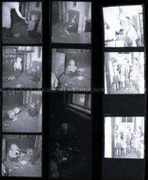 Schwarz-Weiß-Negative mit Aufnahmen von Kindern beim Spielen, sowie Studentin in Vorstudienzeit als Aufsicht für Kinder