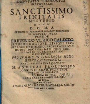 Dispvtatio Theologica Inavgvralis De Sanctissimo Trinitatis Mysterio