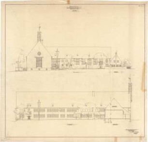 Gsaenger, Gustav; Eberswalde (Brandenburg); Projekt Gesamtentwicklungsplan, Stadtkrone, Vierjahresplan-Siedlung (Schule) - Vierjahresplan-Siedlung, Schule, Ost- u. Südseite (Ansichten)