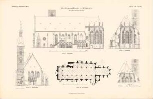 St. Johanneskirche, Kitzingen: Grundriss, Ansicht von Osten, Ansicht von Westen, Ansicht von Süden, Ansicht von Osten vor Wiederherstellung (aus: Atlas zur Zeitschrift für Bauwesen, hrsg. v. Ministerium der öffentlichen Arbeiten, Jg. 59, 1909)