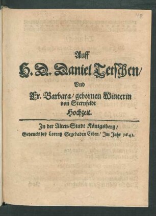 Auff H. D. Daniel Tetschen/ Und Fr. Barbara/ gebornen Winterin von Sternfeldt Hochzeit