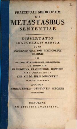 Praecipuae medicorum de metastasibus sententiae : Dissertatio inauguralis medica