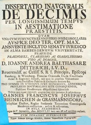 Dissertatio inavgvralis de decimis per longissimum tempvs in aestimatione praestitis : ... una cum subiunctis ex universo iure corollariis