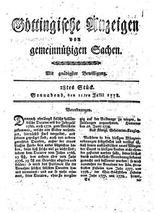 28tes Stück. Sonnabend, den 11ten Julii 1778.