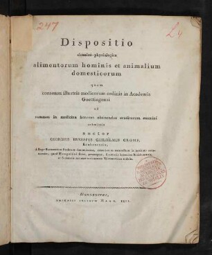 Dispositio chemico-physiologica alimentorum hominis et animalium domesticorum.