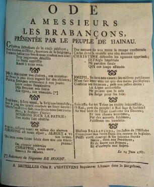 Ode A Messieurs Les Brabançons, Présentée Par Le Peuple De Hainau