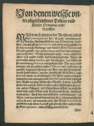 Von denen welche unter obgeschriebener Policey und Kleider Ordnung nicht begriffen