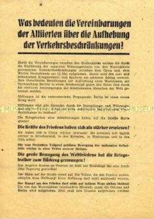 Propagandaflugblatt des SED Berlin mit Aufruf zur Volksabstimmung für Einheit und gerechten Frieden