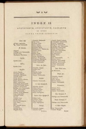 Index II. Avgvstorvm, Avgvstarvm, Caesarvm in Nvmis Extra Vrbem Signatis.