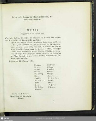 An die zweite Kammer der Ständeversammlung des Königreichs Sachsen. Antrag [vom 29. October 1869]