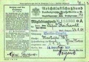 Mitgliedsausweis des Reichsluftschutzbundes für Alfred Reichardt