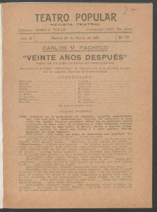"Veinte años después" : Pieza en un acto, dividido en tres cuadros