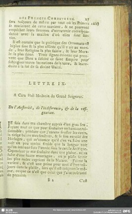 Lettre IX. A Cara Hali Medecin du Grand Seigneur