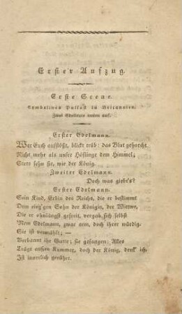 Erste Scene. Cymbelines Pallast in Britannien. Zwei Edelleute treten auf