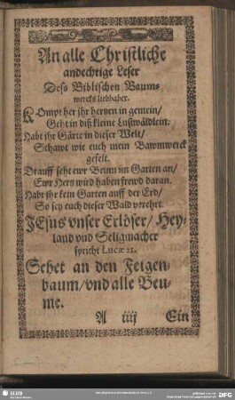 An alle Christliche andechtige Leser Des Biblischen Baumwercksliebhaber
