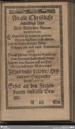 An alle Christliche andechtige Leser Des Biblischen Baumwercksliebhaber