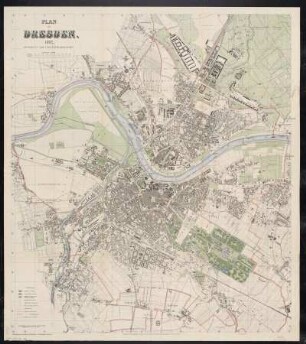 Stadtplan von Dresden, 1:10 000, Lithographie, 1892 : Plan von Dresden / bearb. vom Stadtvermessungsamte. [Gerke]. - 1:10 000. - Leipzig : Giesecke & Devrient , 1892. - 1 Kt. : mehrfarb. ; 72 x 82 cm, gefaltet